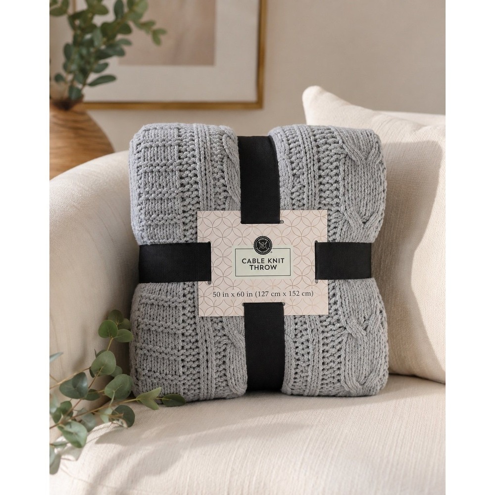 Modern Expressions Cable Knit Throw Blanket Gray 50x60 Cozy Soft New w/ Tags